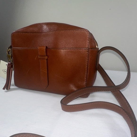 NWT Fossil Sydney Leather Camera Crossbody Medium Brown Cognac - Picture 4 of 15